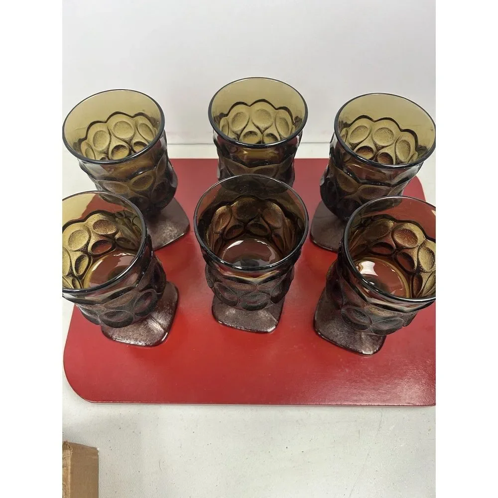 Vintage Amber Glass Tumblers‎ Set of 6 Textured Diamond Cut Base Hobnail MCM